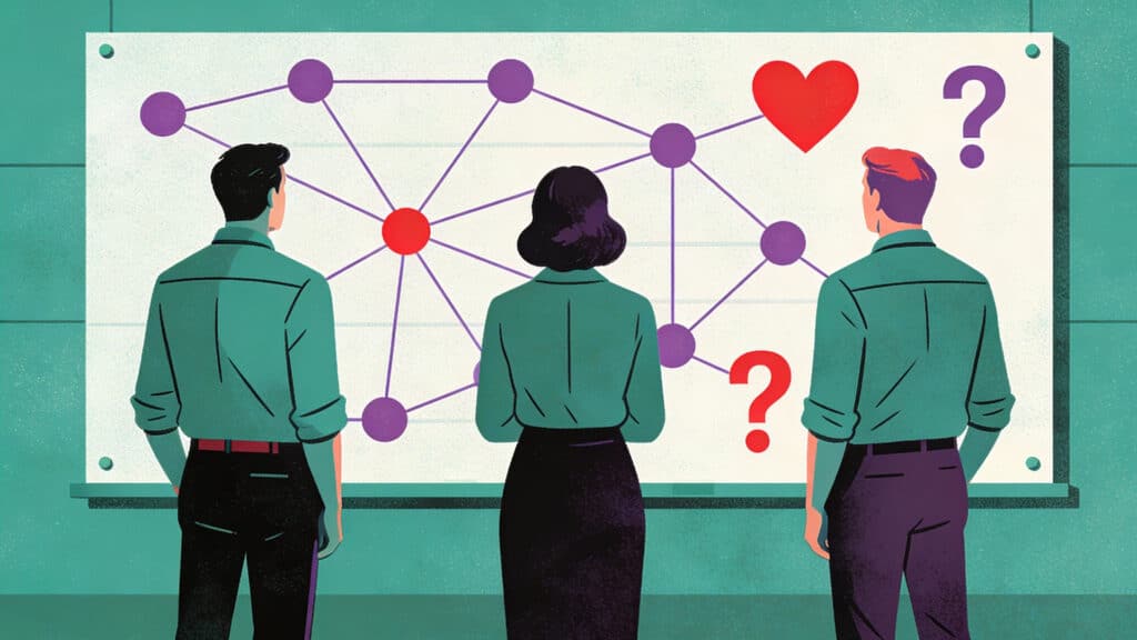 3 personnages examinant des choix sur un tableau